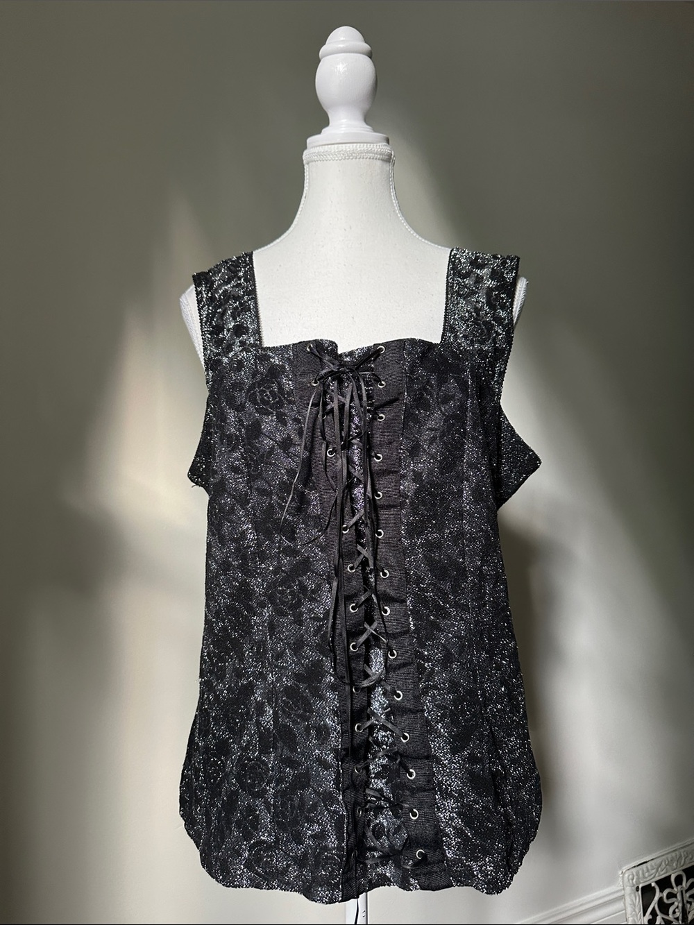DIGITAL PLUS Vintage Black Metallic Floral Whimsigoth Renfair Goth Corset Top 3X
